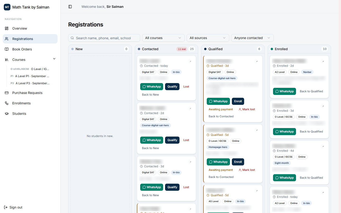 Registrations pipeline board in the admin, student details blurred